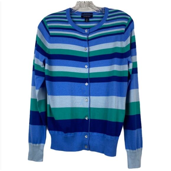 Women's LANDS' END XS Blue Green Striped Cardigan Sweater Tennis Preppy Twee - Picture 1 of 7
